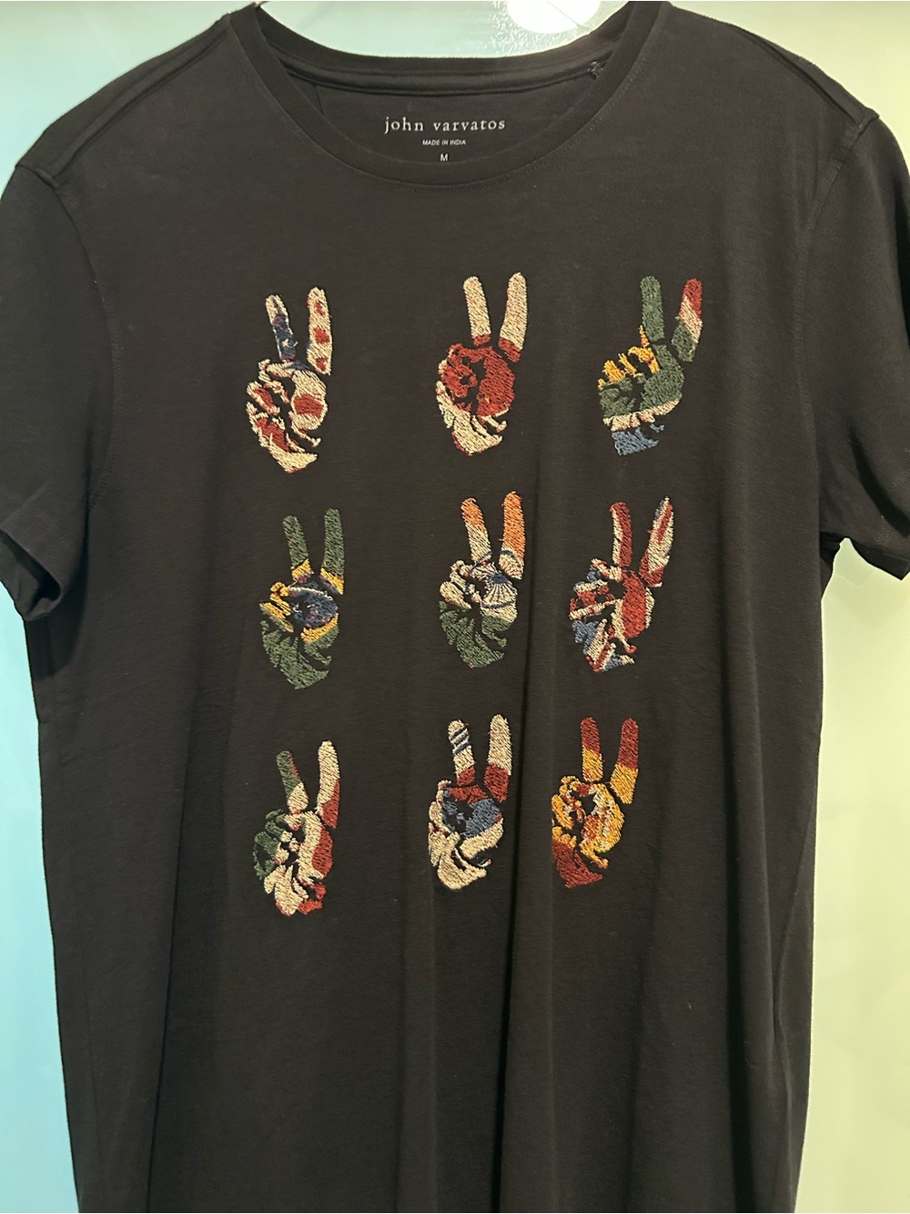 John Varvatos Black Short-Sleeve Tee with Multicolor Embroidered Peace Signs